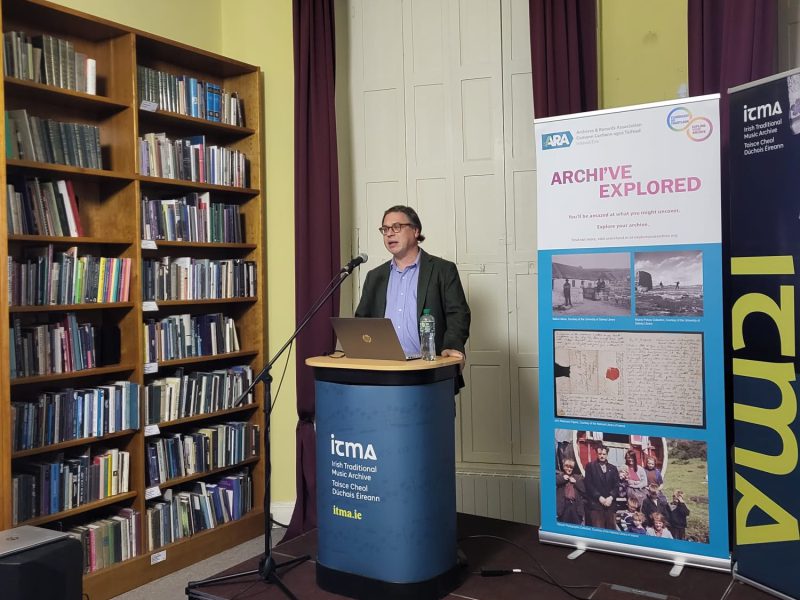 Adam Girard, Digital Archivist ITMA, presenting at the ARA Ireland Explore Your Archive launch, Irish Traditional Music Archive, November 2023
