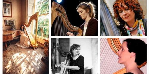 Composite of five photographs of harpers playing
