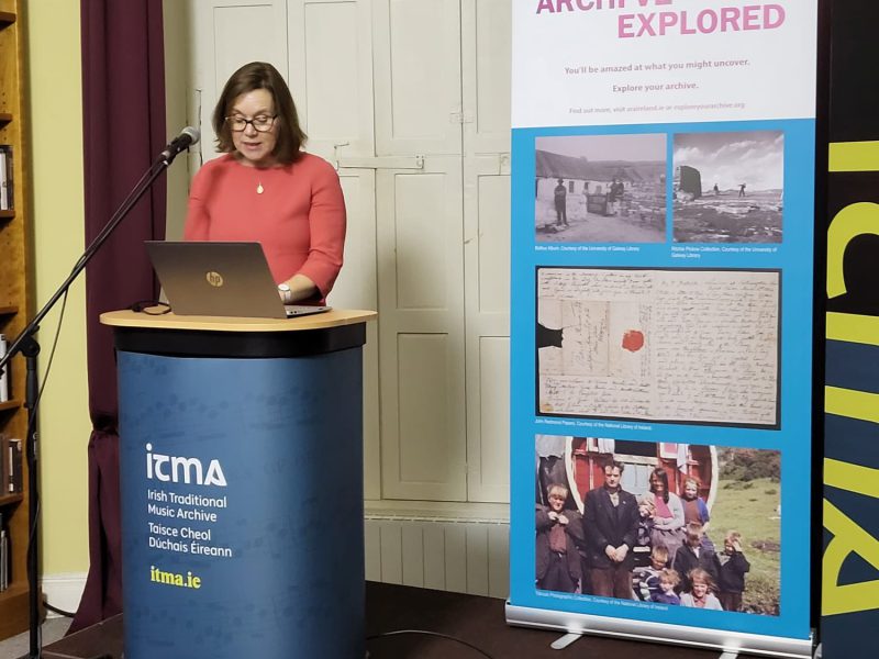 Journalist and author, Clodagh Finn (ARA Ireland EYA Ambassador 2023) officially opening ARA Ireland's Explore Your Archive 2023 focus week at the Irish Traditional Music Archive, November 2023