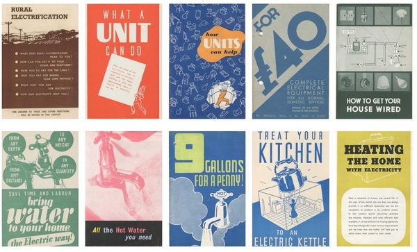 Twelve ESB rural electrification pamphlets, including What a Unit Can Do, Treat Your Kitchen to an Electric Kettle and Heating the Home with Electricity