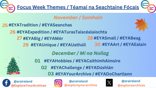 Explore Your Archive 2023 focus week themes. November: 25 #EYATradition, 26 #EYAExpedition, 27 #EYABig, 28 #EYASmall, 29 #EYAUnique, 30 #EYAArt. December: 1 #EYAHobbies, 2 #EYAChallenge, 3 #EYAYourArchive, each with its Irish-language hashtag