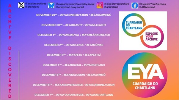 Explore Your Archive 2025 focus week themes: 29 November #EYAConservation, 30 November #EYABeauty, 1 December #EYAMedieval, 2 December #EYASilence, 3 December #EYAPets, 4 December #EYADigital, 5 December #EYAInclusion, 6 December #EYAAnniversaries, 7 December #EYAYourArchives, each with its Irish-language hashtag