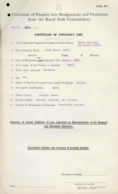 Typed application form for the Committee of Enquiry into resignations and dismissals from the Royal Irish Constabulary