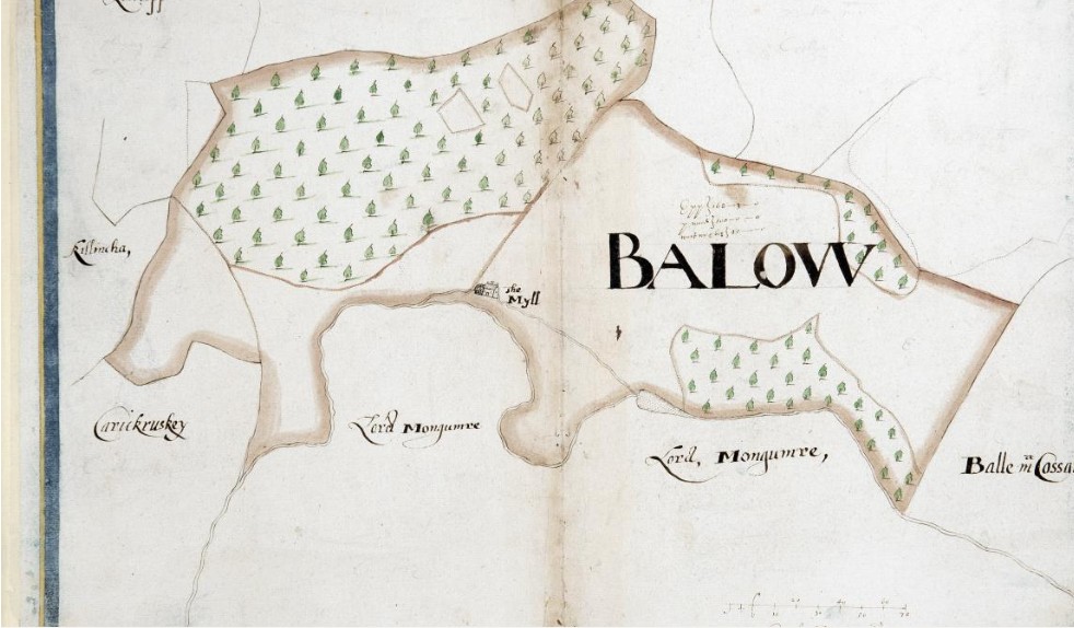 Hand-drawn estate map of Balow, with fields, woodland marked by small trees, and neighbouring townlands
