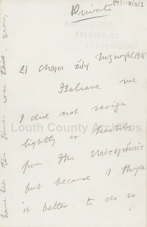 Part of a handwritten letter from Douglas Hyde to Joseph Dolan, 1915