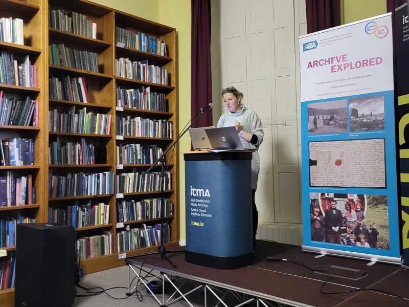Janet Hancock, Chair ARA Ireland, presenting at the ARA Ireland Explore Your Archive launch, Irish Traditional Music Archive, November 2023