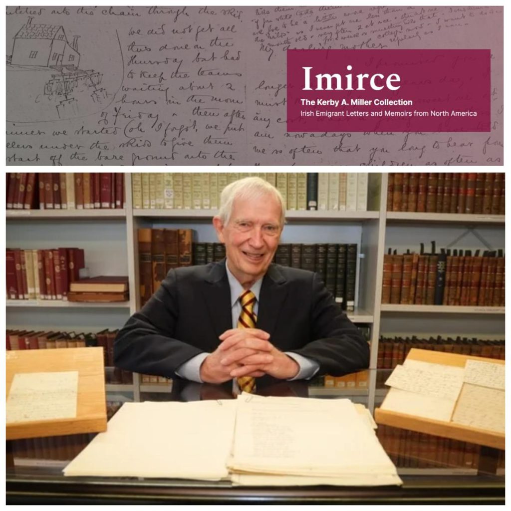 Professor Kerby A. Miller seated at a table with open bound volumes of letters, beneath an Imirce collection banner