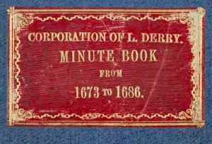Red leather cover of the Corporation of Londonderry minute book, 1673 to 1686
