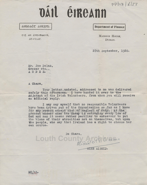 Part of a letter from Douglas Hyde to Joseph Dolan (1915) Letter from Michael Collins to Joseph Dolan (1920)