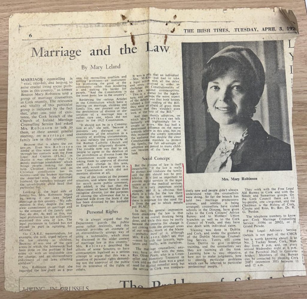 Irish Times newspaper cutting, Marriage and the Law by Mary Leland, with a photograph of Mary Robinson