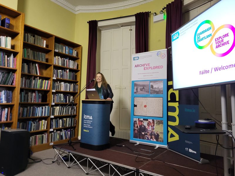 Niamh Ní Charra (ARA Ireland Communications and Campaigns Officer), presenting at the ARA Ireland Explore Your Archive launch, Irish Traditional Music Archive, November 2023