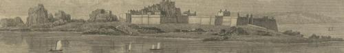 Engraved panorama of a coastal fortress and town seen from the sea, from the Patrick Maxwell diaries
