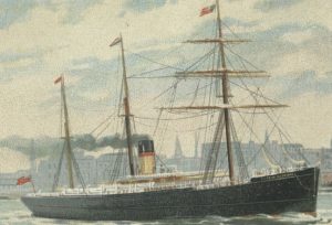 Illustration of a transatlantic steamship with masts and a single funnel, from the Patrick Maxwell diaries
