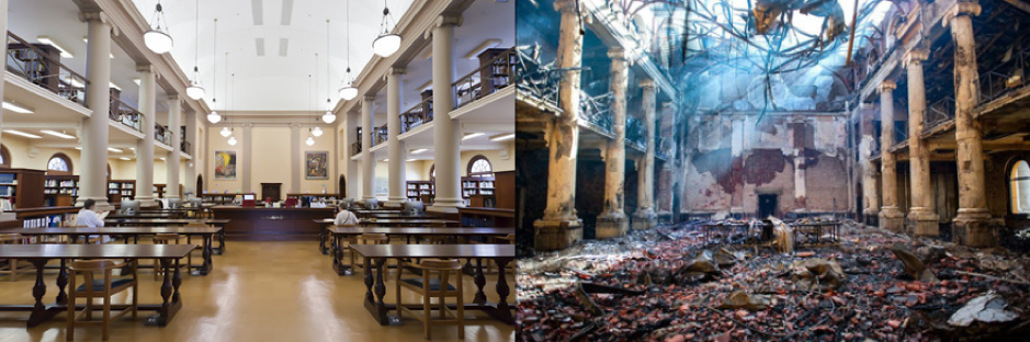 Left: The Jagger Reading Room before the fire. Right: The Jagger Reading Room after the fire. Courtesy of University of Cape Town