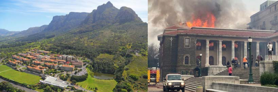 University of Cape Town on the slopes of Table Mountain. Image courtesy of Grand Duncan Smith. Right: Firefighters on UCT's Upper Campus, tending to the Jagger Library. Courtesy of University of Cape Town