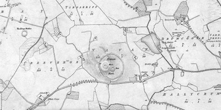 Detail of an early Ordnance Survey map showing townland boundaries, fields and a circular earthwork