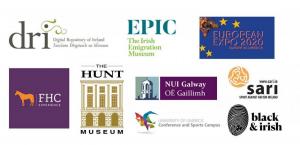 Logos of the project partners, including the Digital Repository of Ireland, EPIC The Irish Emigration Museum, the Hunt Museum, NUI Galway, SARI and Black and Irish