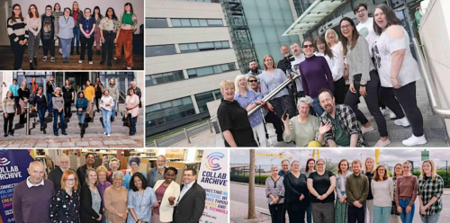 Collage of group photographs of community participants, one with a CollabArchive banner