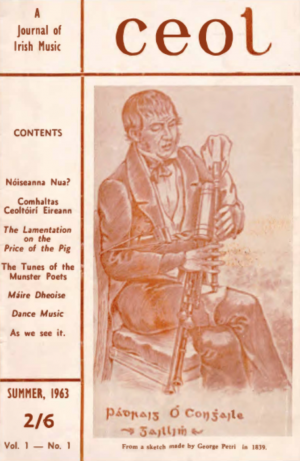 Cover of Ceol: A Journal of Irish Music, Volume 1, Number 1, Summer 1963, with a sketch of the piper Pádraig Ó Conghaile
