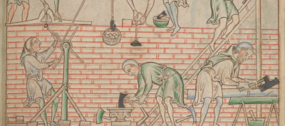 Medieval manuscript illustration of builders laying bricks and working on a wall