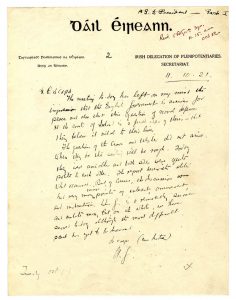 Handwritten letter on Dáil Éireann notepaper of the Irish Delegation of Plenipotentiaries, dated 11 October 1921