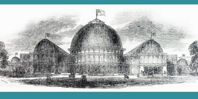 Engraving of the domed exhibition building for the Great Industrial Exhibition of 1853 in Dublin