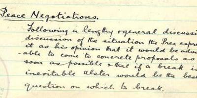 Handwritten notes headed Peace Negotiations, discussing whether a break with Ulster would be the best question on which to break