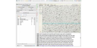 Screenshot of transcription software, with a scanned handwritten document beside a list of transcribed lines