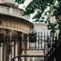 The entrance gates and portico of the National Library of Ireland, Kildare Street