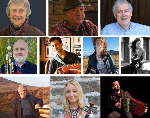 Collage of portrait photographs of traditional musicians and composers, several holding instruments