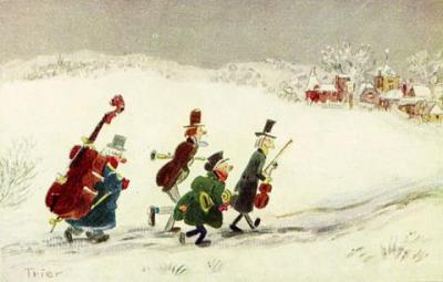 Illustration of four musicians in winter coats carrying instruments through the snow towards a village